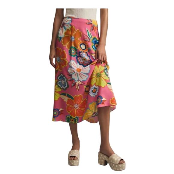 Farm Rio Anthrologie Midi Skirt Viscose Size M Bright Floral Size M Boho Indie - Picture 2 of 10